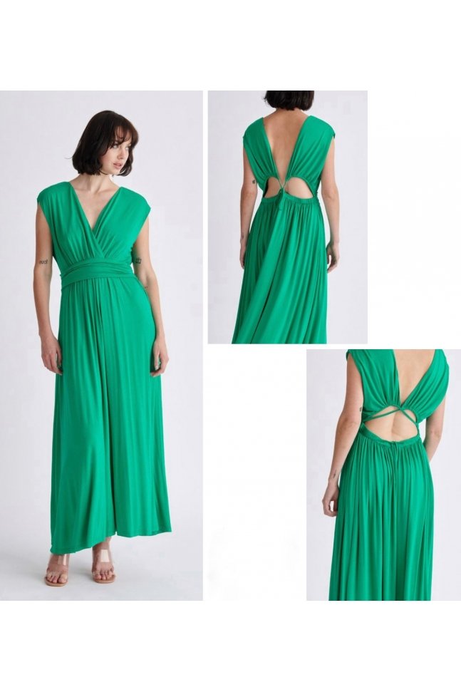 VESTIDO LARGO CUELLO PICO VERDE