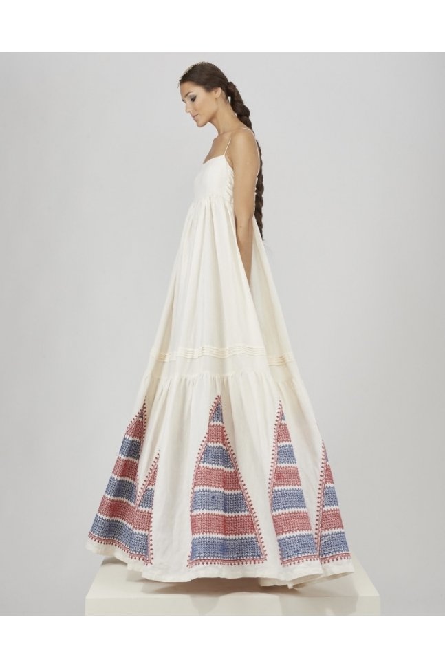 VESTIDO TIRANTES CRUDO TRIÁNGULOS BORDADOS