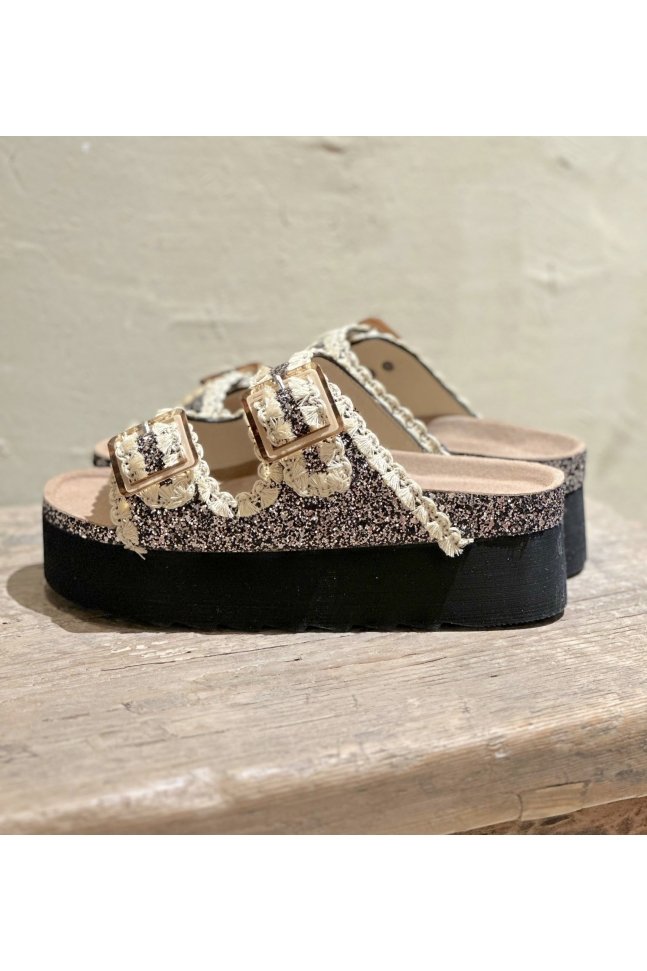 SANDALIA PLATAFORMA GLITTER Y CROCHET BLACK